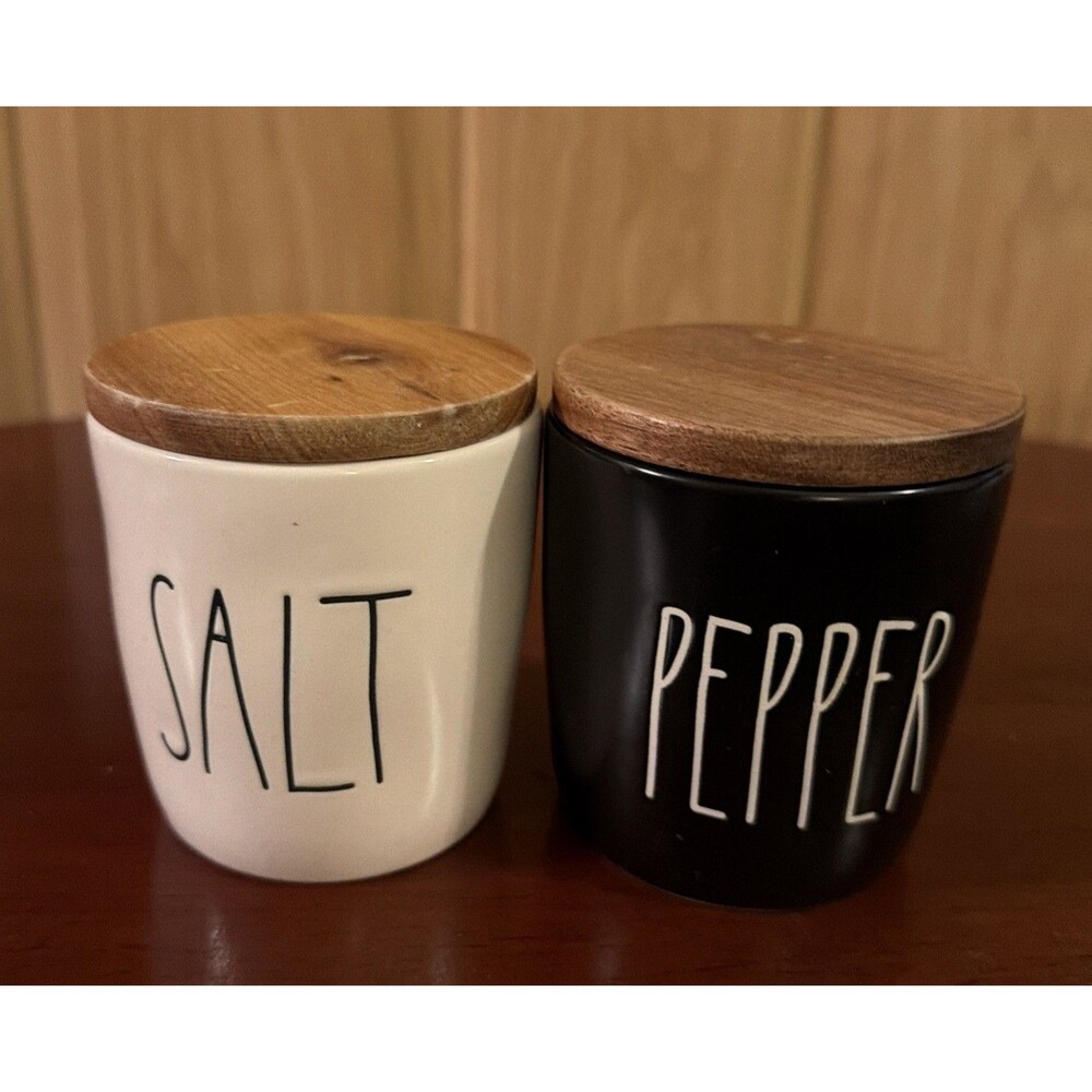 Rae Dunn Salt & Pepper Container Jar Set Ceramic Black & White Wood Lid 3.5" GUC